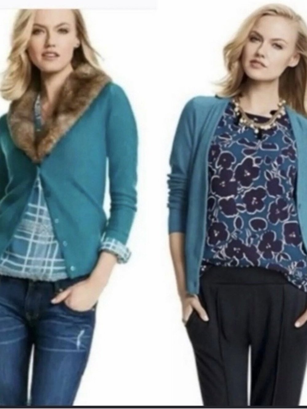 Cabi Teal Removable Faux Fur Collar Tearoom Cardigan Women's Small Style #3018